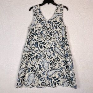 Lucky Brand Linen Dress Womens Medium White Blue Boho Paisley Print Lagenlook